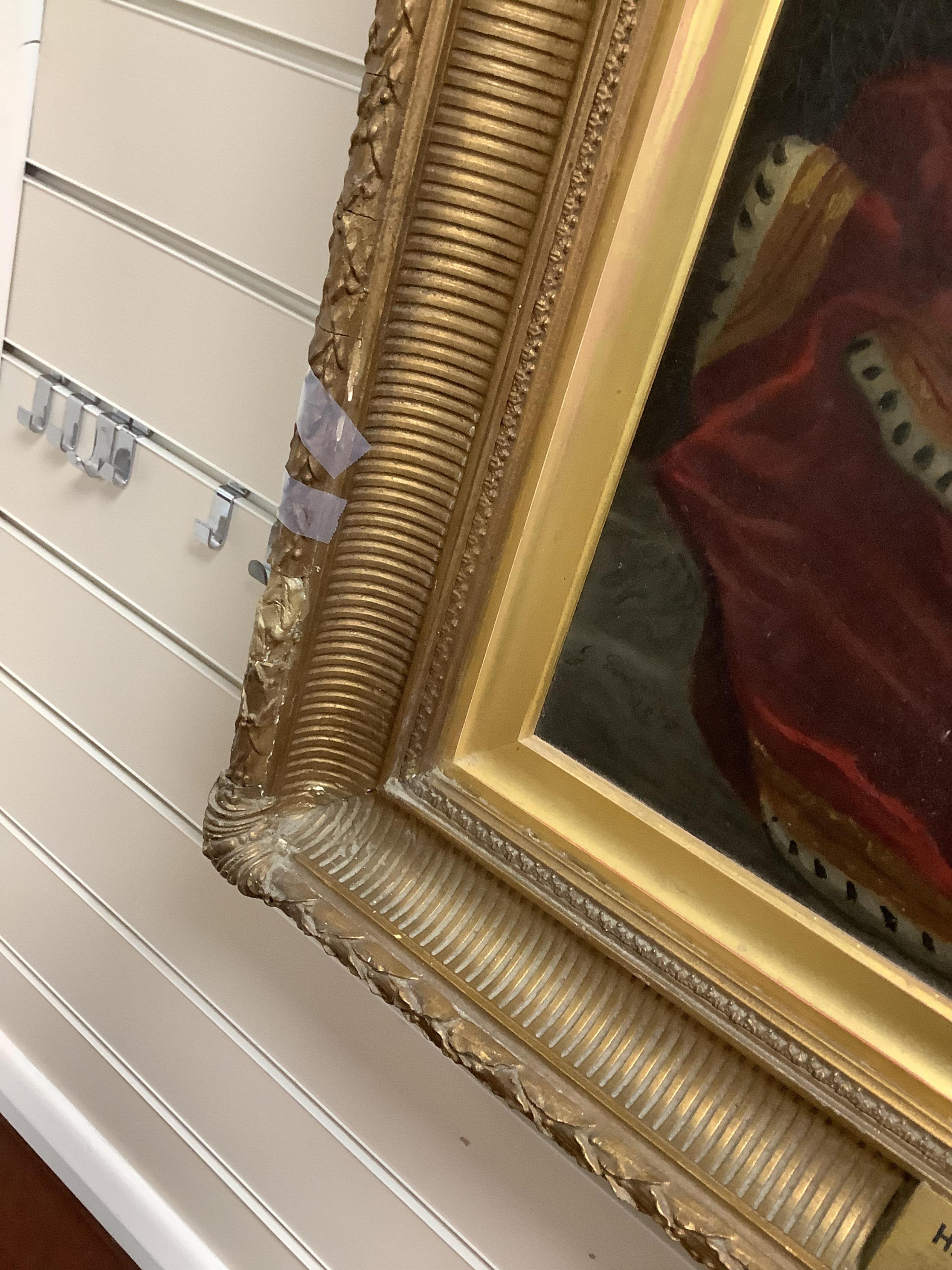 G. Evans (19th. C), Portrait of Queen Victoria wearing ermine before a landscape, signed and dated 1859, 77 x 52cm, applied plaque to the gilt frame, oil on canvas